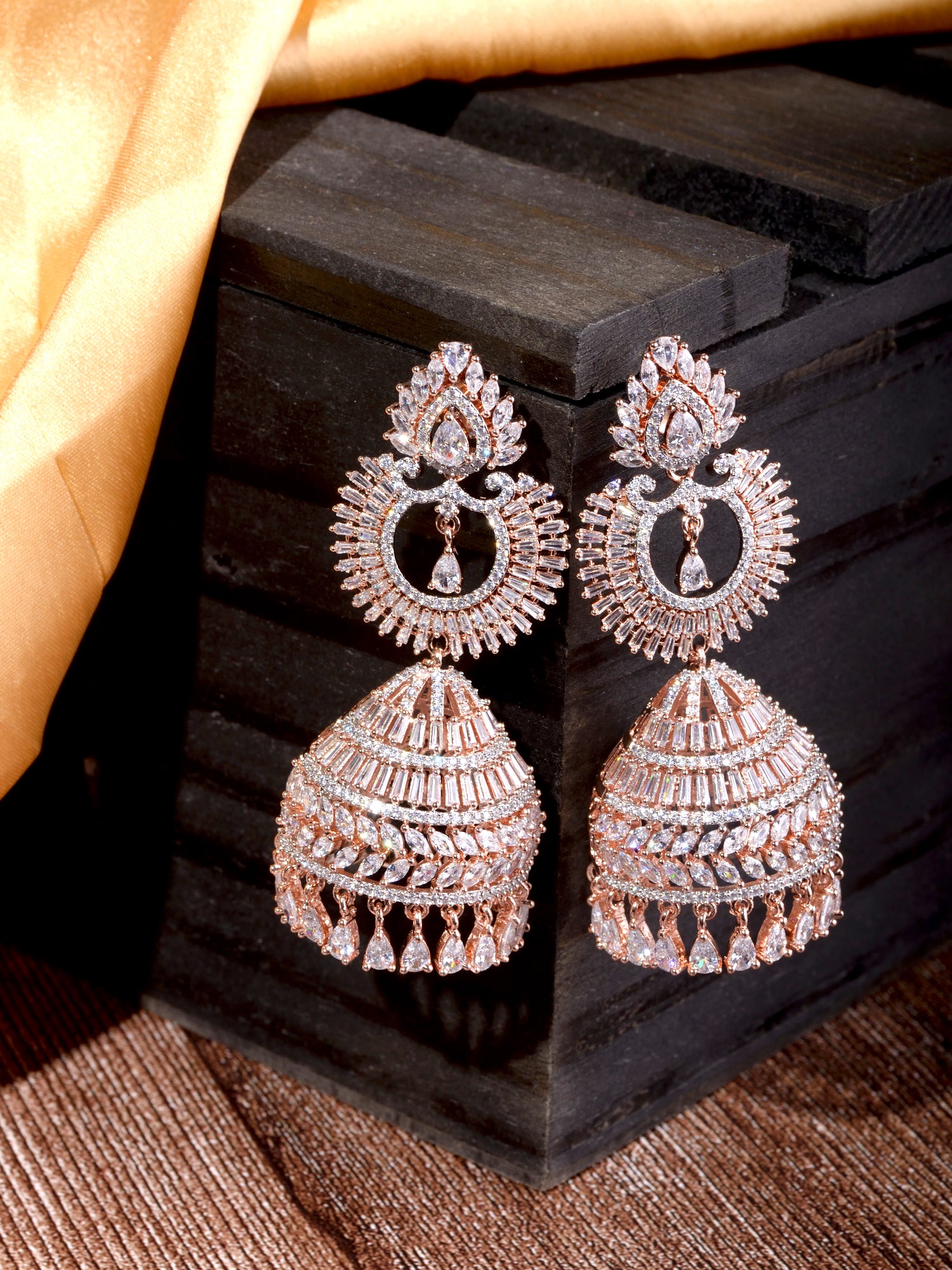 Rose Gold Plated White AD Studded Lightweight Jhumka Earrings, zaveri pearls, sale price rs, sale price, sale gold plated, sale gold, sale, rubans, ring, regular price, priyassi jewellery, ku